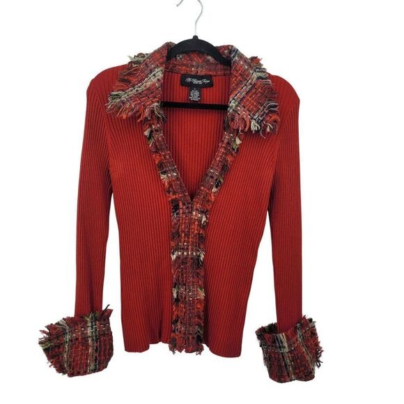 My Favorite Things Red Ribbed Silk Cardigan Jacket L Plaid Tweed Collar Cuffs - Picture 14 of 15